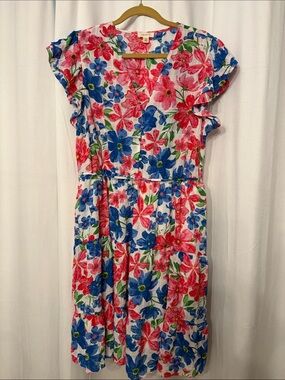 Floral V-Neck Mini Dress in White with Pink & Blue Blooms